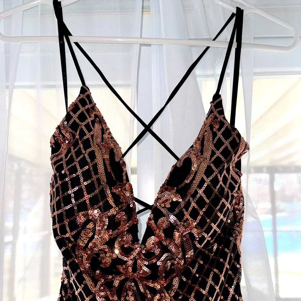 Sequin, black and gold dress